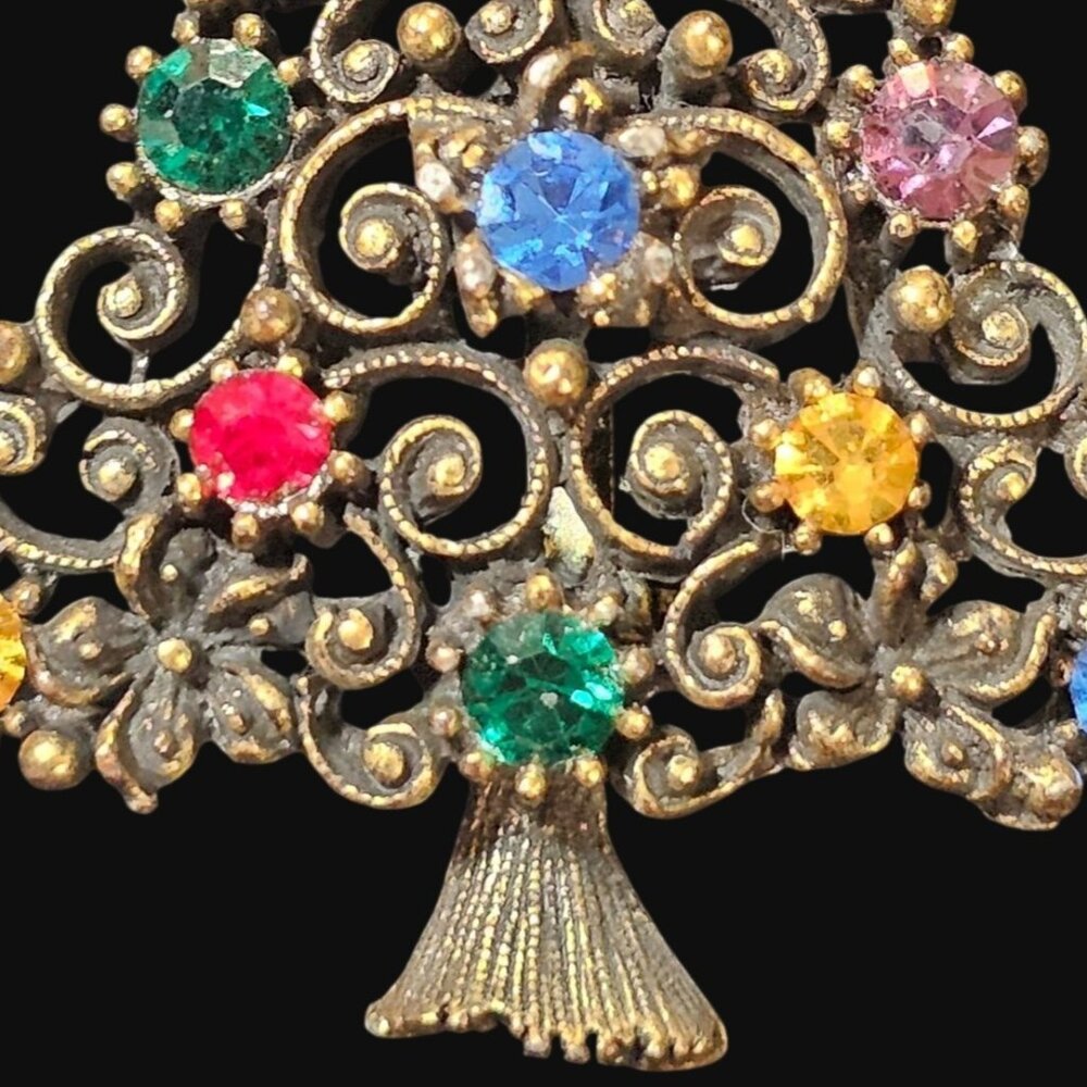 Vtg Signed JJ Gold Tone Christmas Tree Brooch Pin Multi Color Rhinestones MCM - Picture 6 of 8